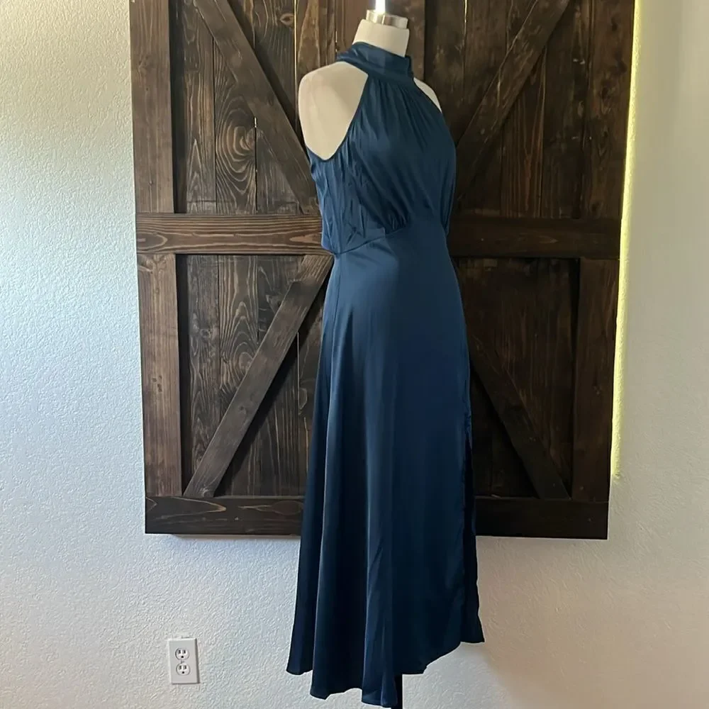 Satin Fall Solid Color Sexy High Waist Slit Neck Evening Dress Homecoming Dress - Picture 8 of 15